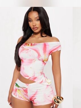 Fashion Nova Pink Floral Off-Shoulder Romper
